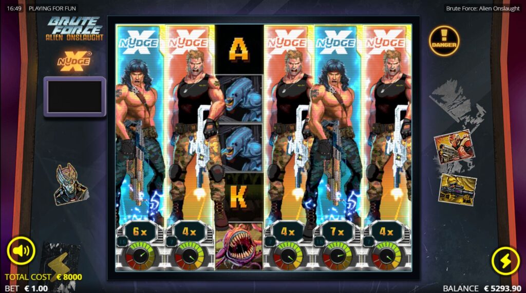  Five xNudge Wilds are active on the reels of the Brute Force: Alien Onslaught slot, showcasing a high-cost Nolimit Booster bet.