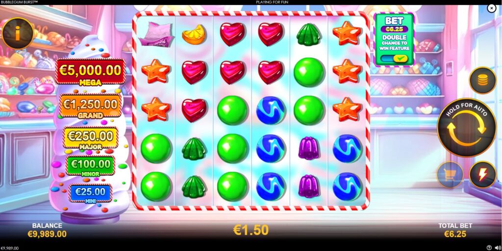 The main game screen of Bubblegum Burst slot showing the 6x5 grid and dynamic jackpot meters.