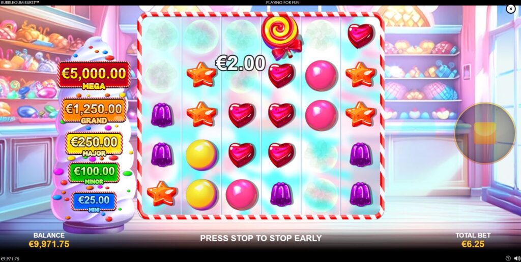 A winning combination disappears in Bubblegum Burst, triggering the cascading pays feature.