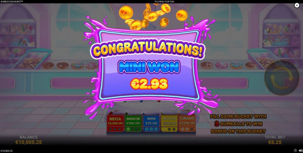 A player winning the Mini Jackpot in the Bubblegum Burst slot.