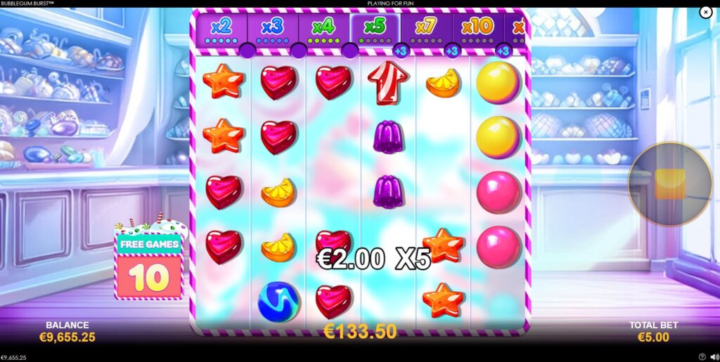 The Free Games feature in Bubblegum Burst with the multiplier level progress bar visible at the top.