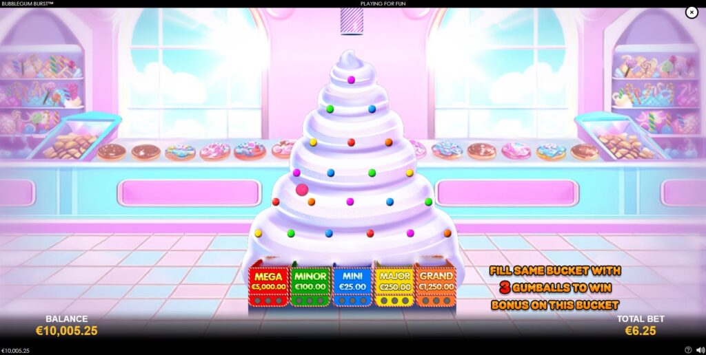 The Plinko bonus game in Bubblegum Burst, where a gumball drops towards jackpot buckets.