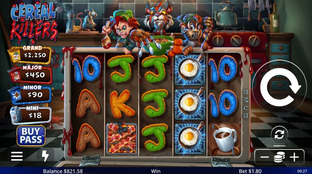 The base game reel layout of the Cereal Killers slot.