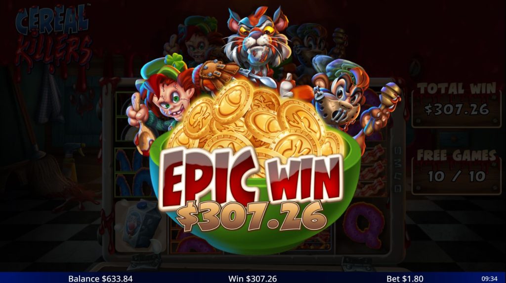 A big win message displayed on the Cereal Killers slot.