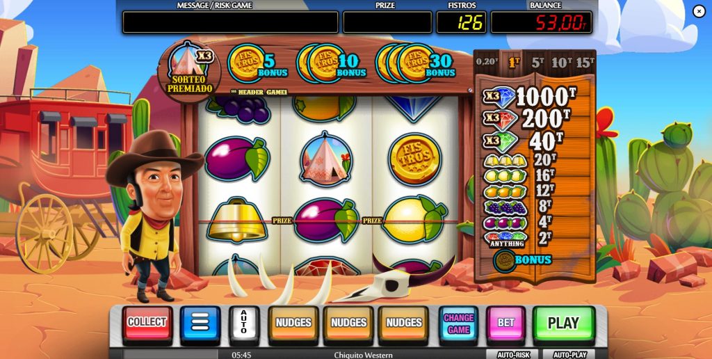 The 3-reel layout of the Lower Game in the Chiquito Western slot.