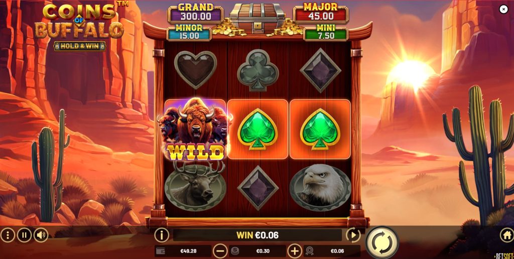 The base game screen of Coins of Buffalo slot, showing the 3x3 reel layout and jackpot values.