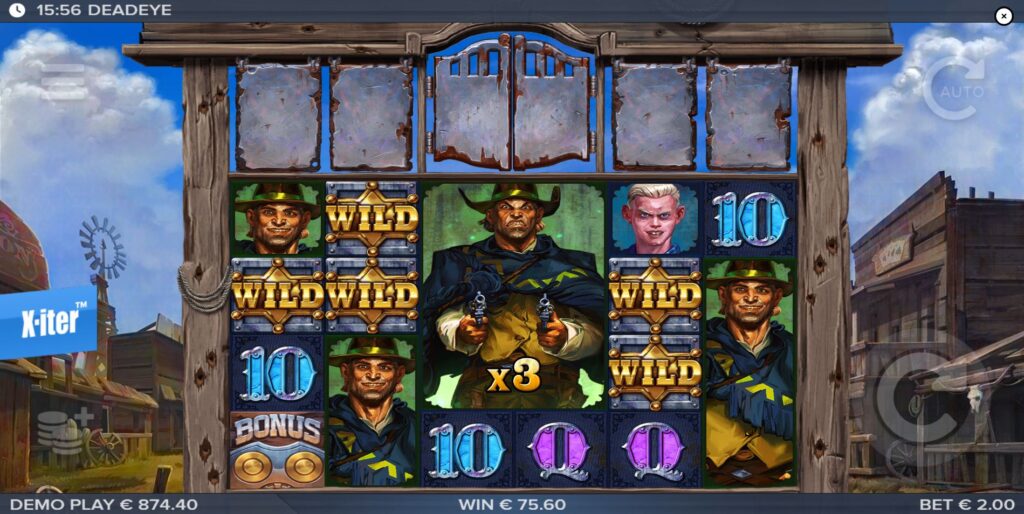 An expanded 2x3 'The Goon' symbol with a large multiplier dominates the center reels after a winning duel in Deadeye.