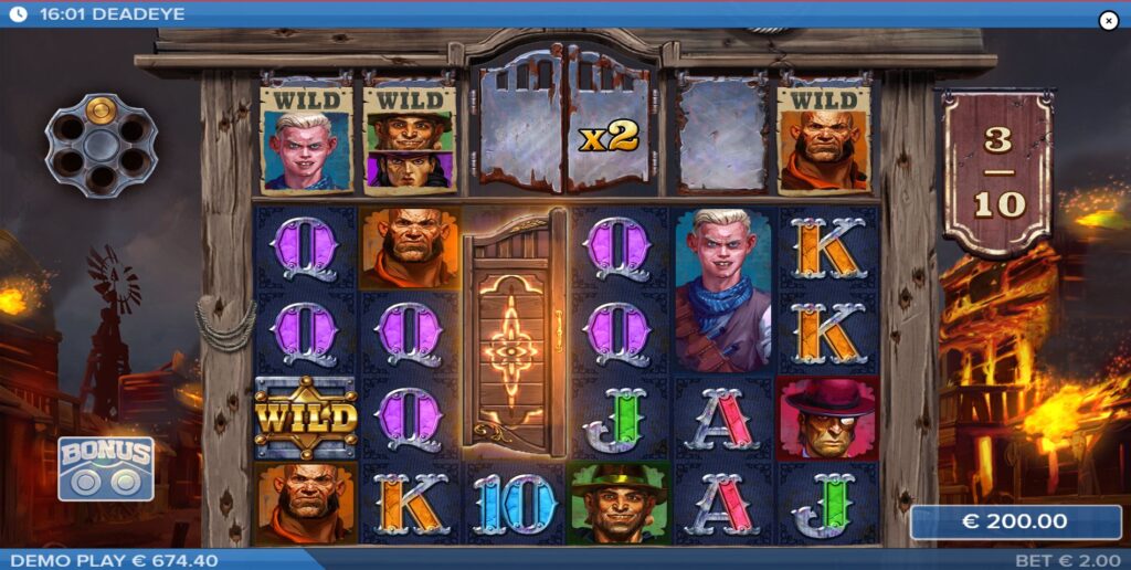 The Free Spins bonus round in Deadeye, showing persistent multipliers above the reels and the bullet counter for extra spins.