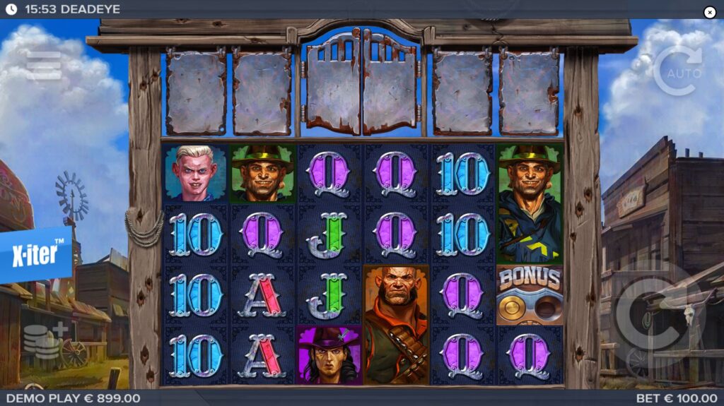 The main 6x4 reel grid of the Deadeye slot, displaying various outlaw character symbols and the dusty western town background.