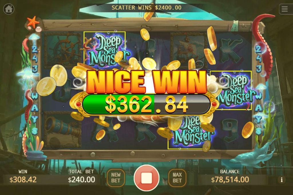 Three Scatter symbols triggering the free spins bonus in Deep Sea Monster.