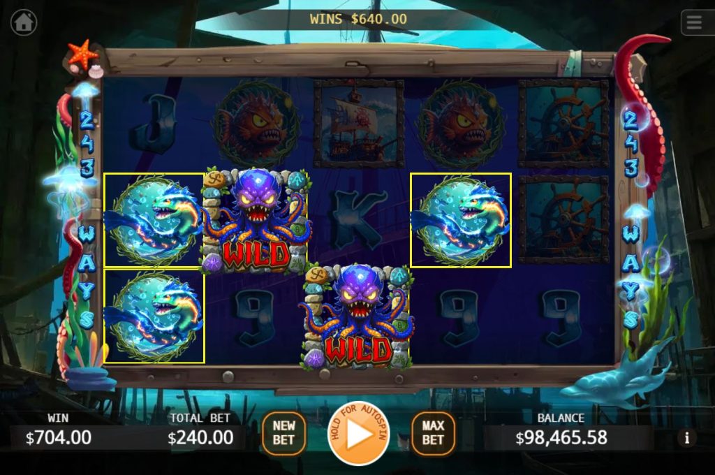 The Octopus Wild symbol creating a win in the Deep Sea Monster slot.