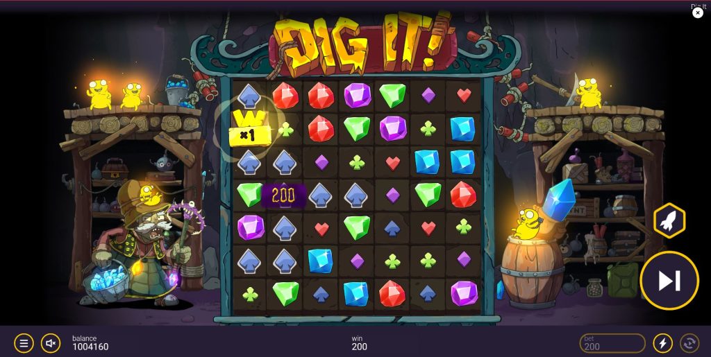 A winning cluster of red gem symbols disappearing from the reels in the Dig It slot game.