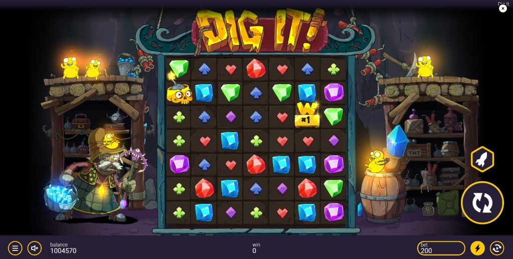 The 7x7 grid of the Dig It slot, showing the main characters and various gem symbols.