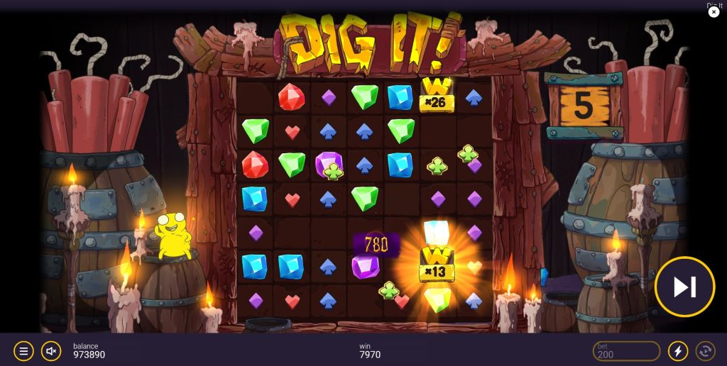 The Super Free Spins bonus round in the Dig It slot with high-value sticky wild multipliers on the reels.
