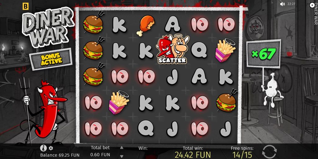 The Free Spins round of Diner War showing the accumulating total multiplier.
