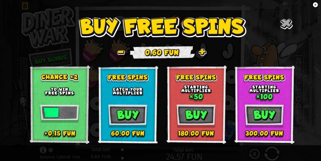 The Buy Bonus feature menu in the Diner War slot, with four options.