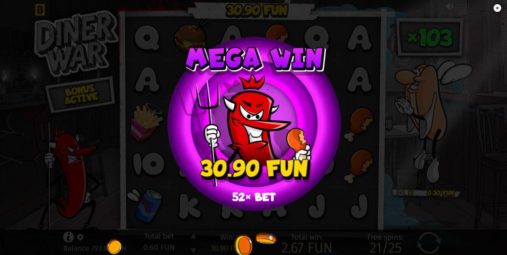 A super win screen on the Diner War slot, showcasing its high payout potential.