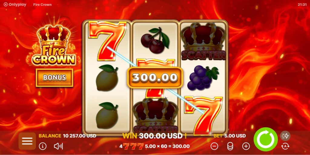  A high-paying win with three '7' symbols on a payline in the Fire Crown slot.