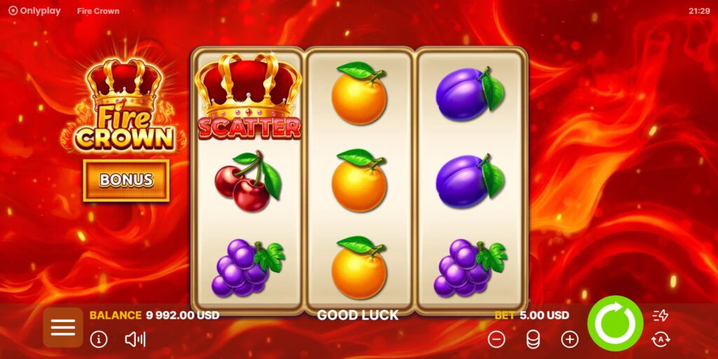 The 3x3 reel layout of the Fire Crown slot by Onlyplay, showing fruit and gem symbols.
