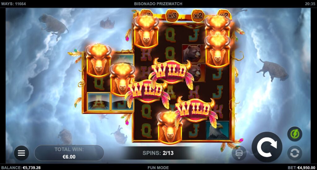 The Bisonado PrizeMatch free spins round with active multipliers above reels 3 to 6.