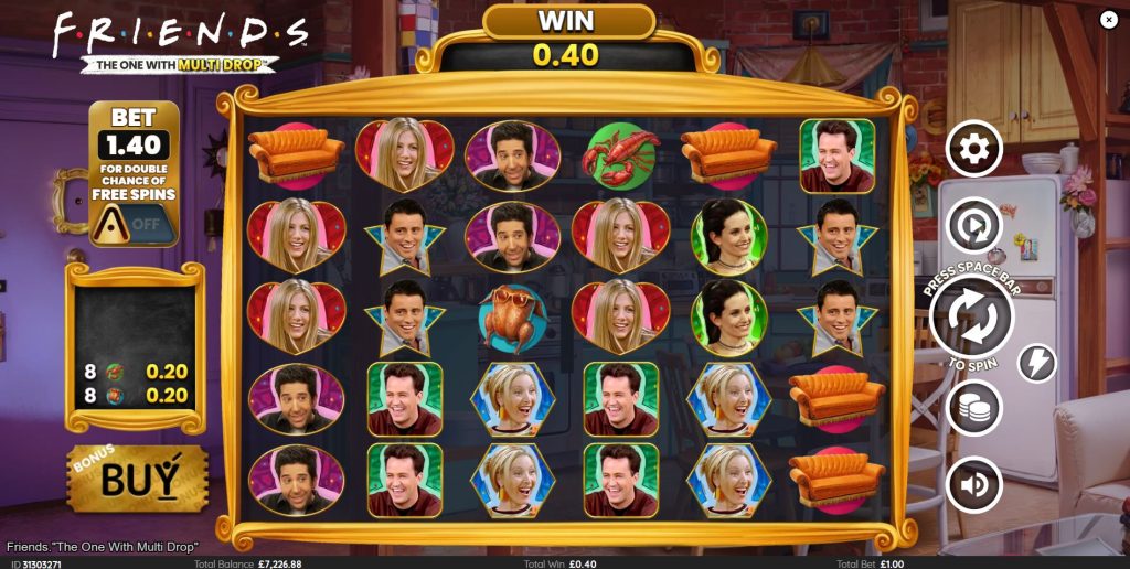 The base game grid of the Friends - The One With Multidrop slot, showing character and item symbols.