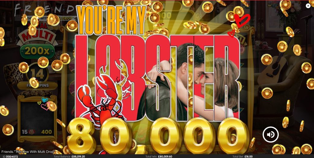 A massive win screen in the Friends slot game, showcasing its 5,000x maximum win potential.