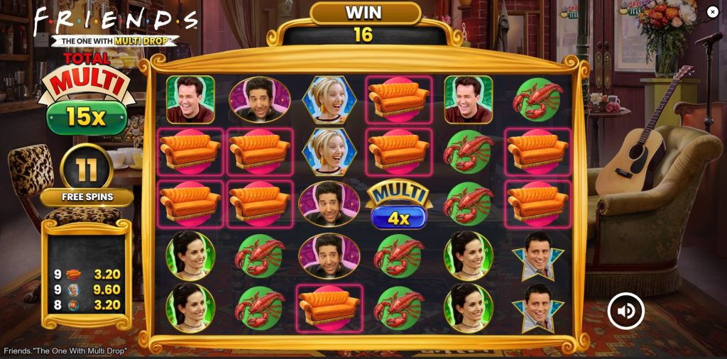 The Free Spins bonus round in the Friends slot, with the accumulating total multiplier visible on the side.