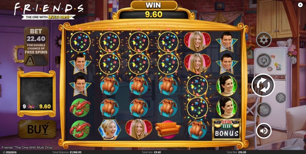 A winning cluster of symbols disappearing in the Friends slot due to the cascading reels feature.