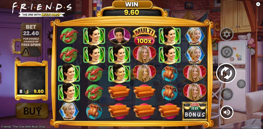 A large Multi Drop multiplier symbol on the reels of the Friends slot, boosting a win.