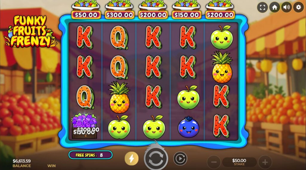 The Free Spins round of Funky Fruits Frenzy with prize baskets above the reels.