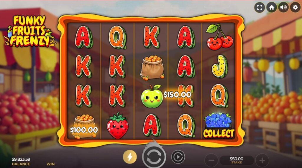 The Collect Feature activating in the Funky Fruits Frenzy slot, showing credit symbols and the collect symbol.