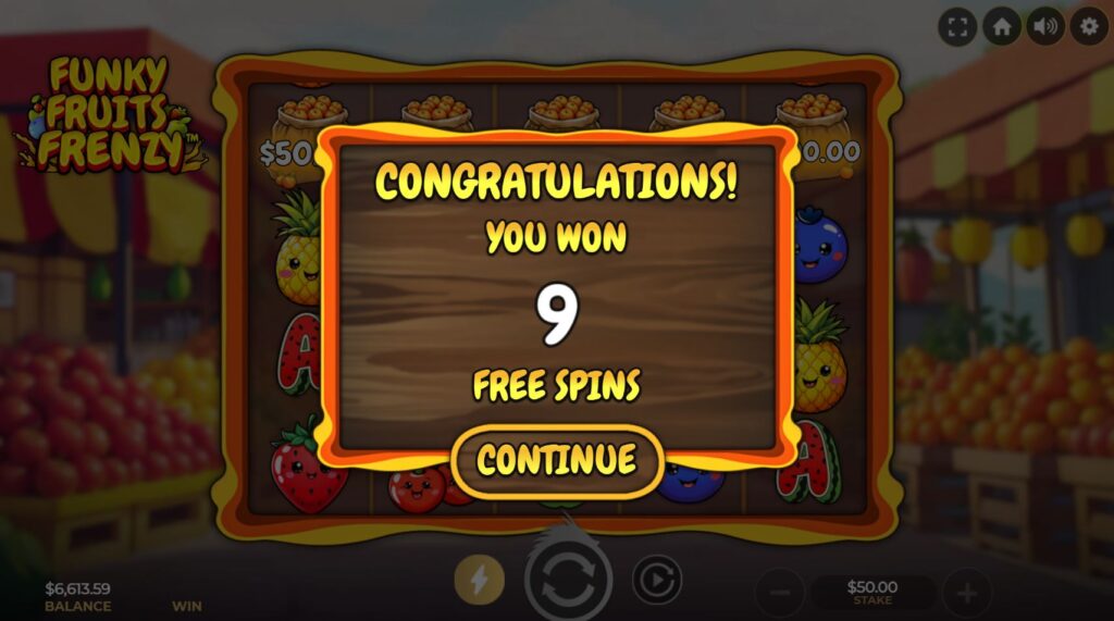 Triggering the Free Spins bonus round in the Funky Fruits Frenzy game.