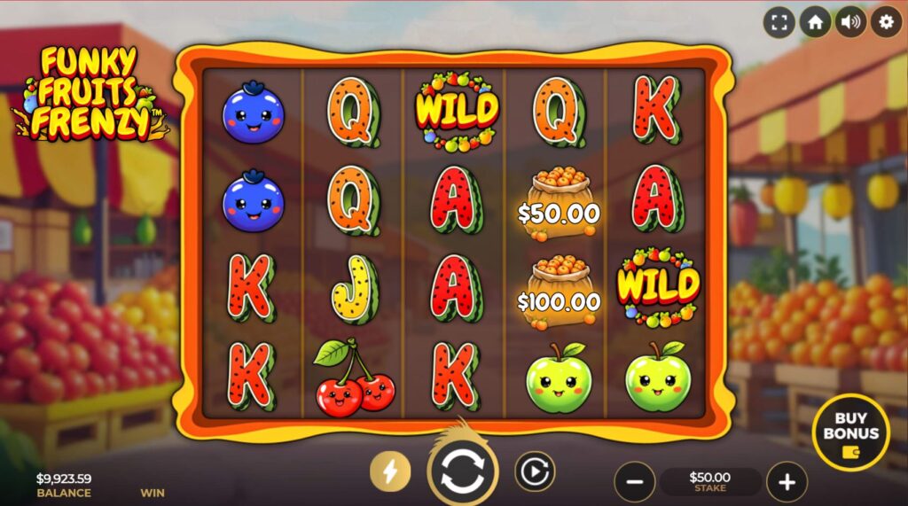 The main 5x3 game screen of the Funky Fruits Frenzy slot with winning symbols.