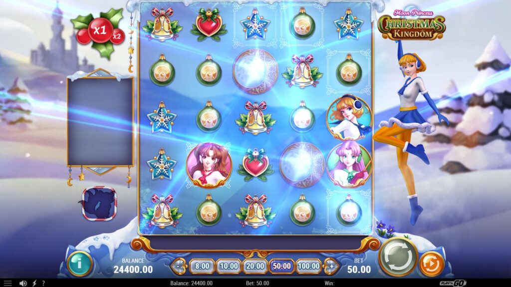 Princess Star using her Girl Power feature to add Wild symbols to the grid in Moon Princess: Christmas Kingdom.