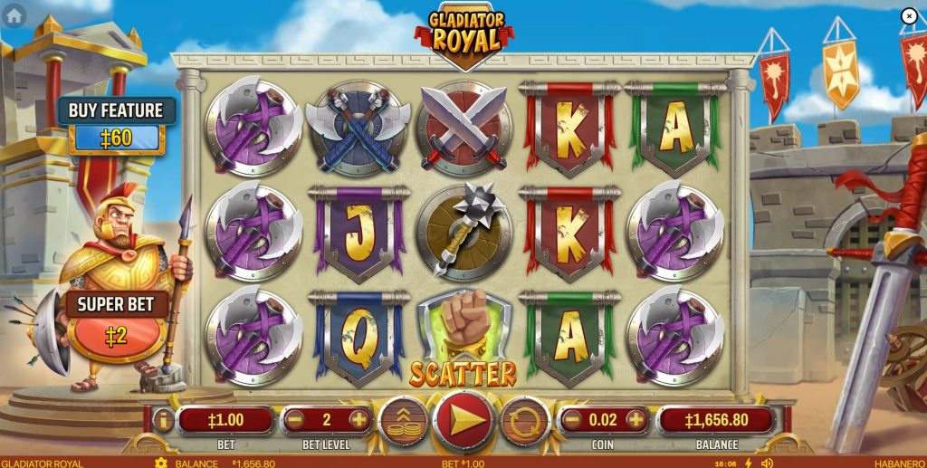 Gladiator Royal slot machine base game screen with reels and a Centurion character.