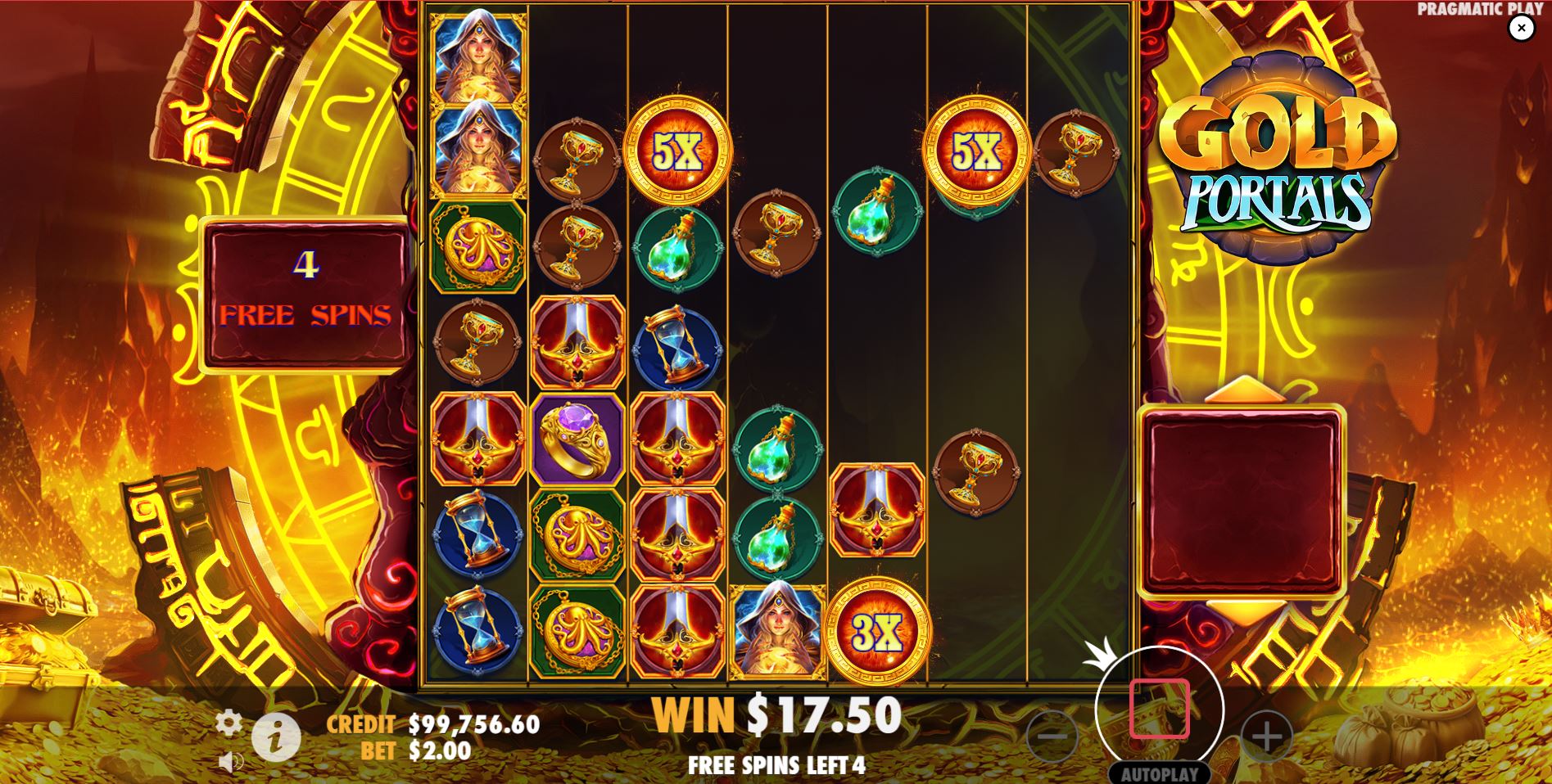 The Free Spins bonus round in Gold Portals with multiple sticky wild multipliers on the screen.