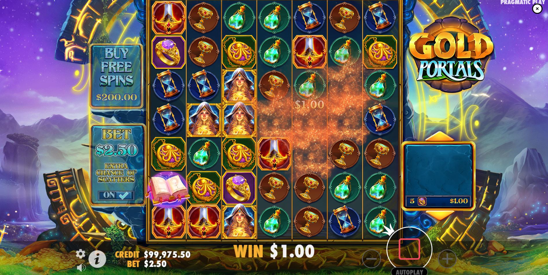 A winning cluster explodes in the Gold Portals slot, triggering the Tumble Feature.