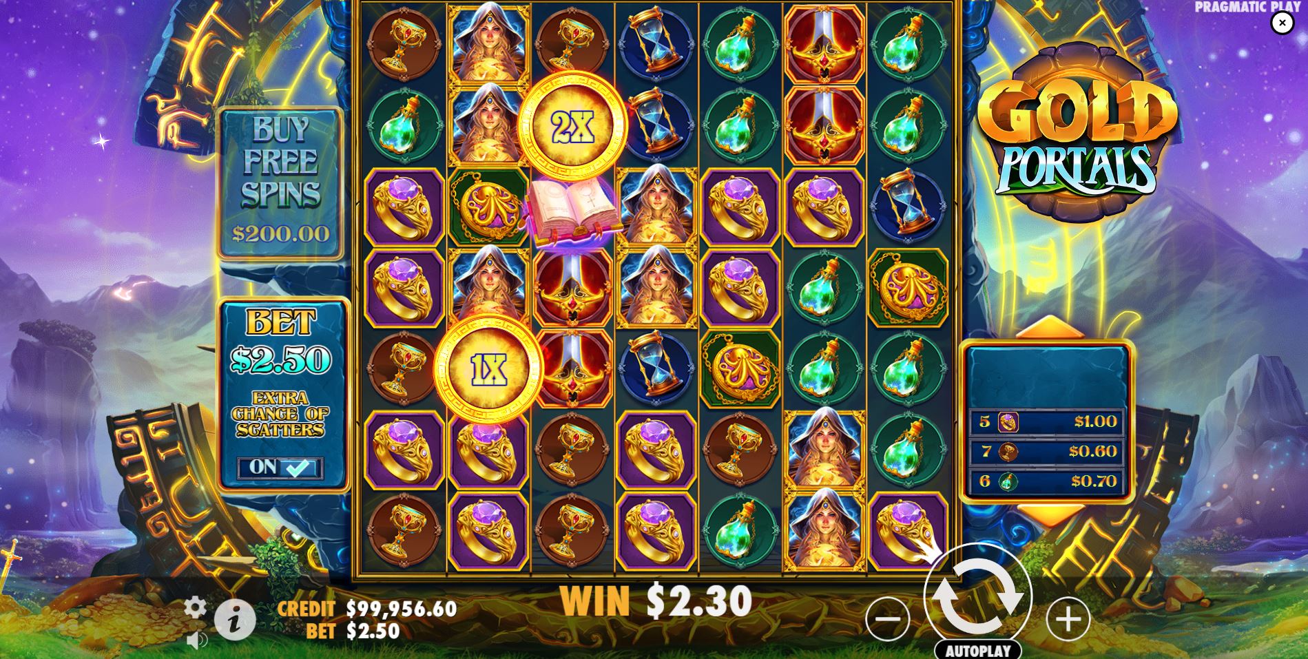 A Gold Portal Wild symbol with an active multiplier on the reels of the slot game.
