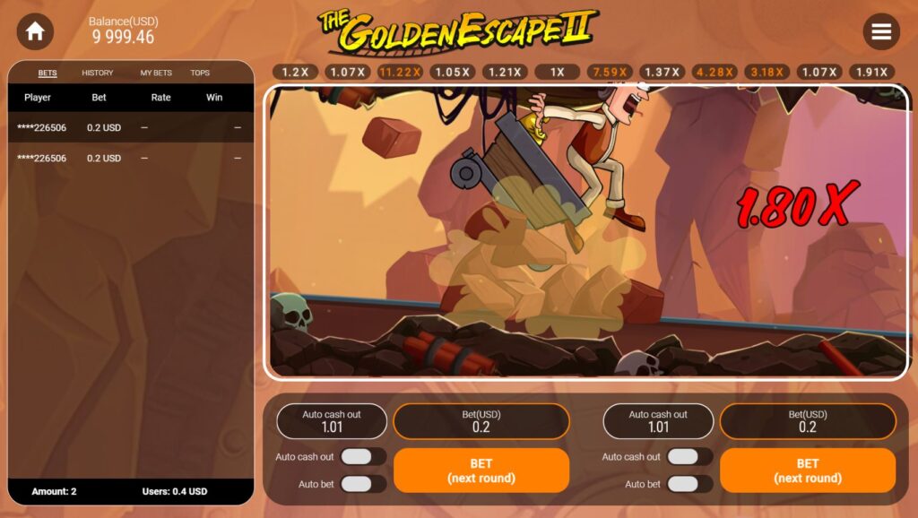 A giant stone fist punches the mine cart off the tracks, ending the round at 1.80x in The Golden Escape 2 crash game.