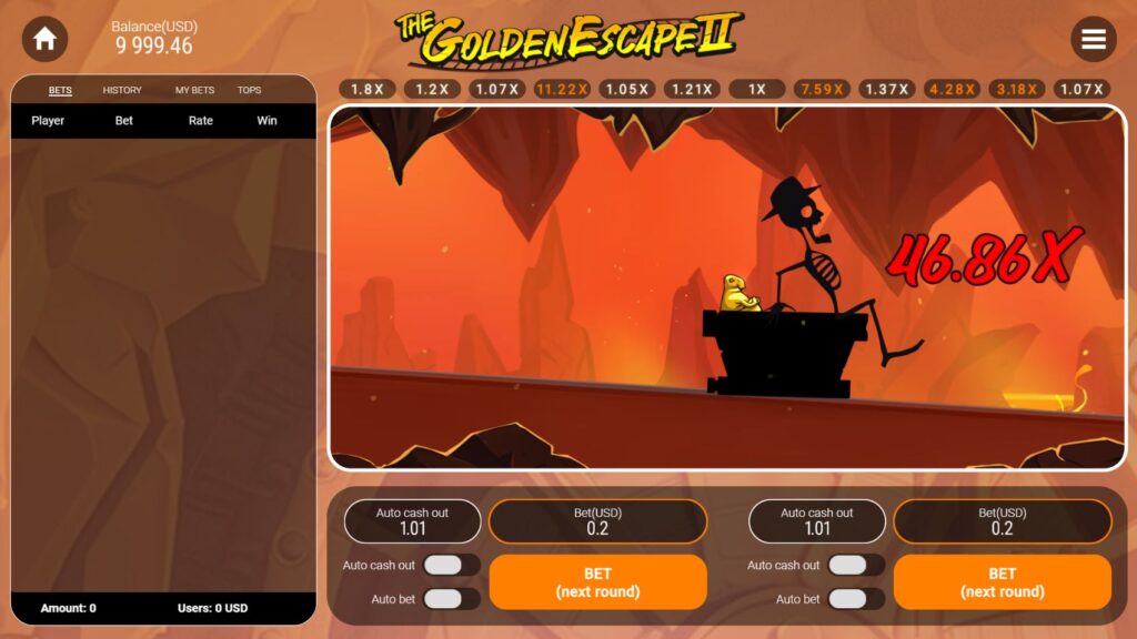The game round ends dramatically at a high 46.86x multiplier, showing the character as a skeleton in The Golden Escape 2.