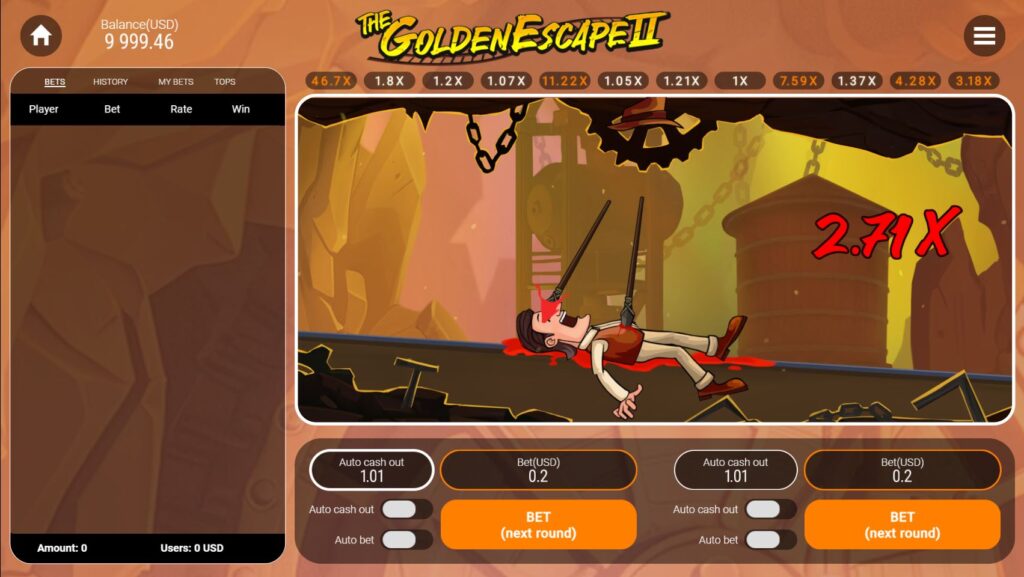 The character is hit by spears from a hidden trap, causing the game to crash at 2.71x in The Golden Escape 2.