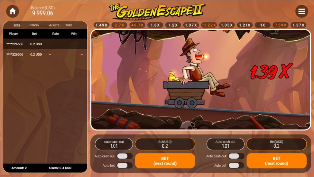 The adventurer's mine cart explodes from dynamite in The Golden Escape 2, ending the round at a 1.39x multiplier.