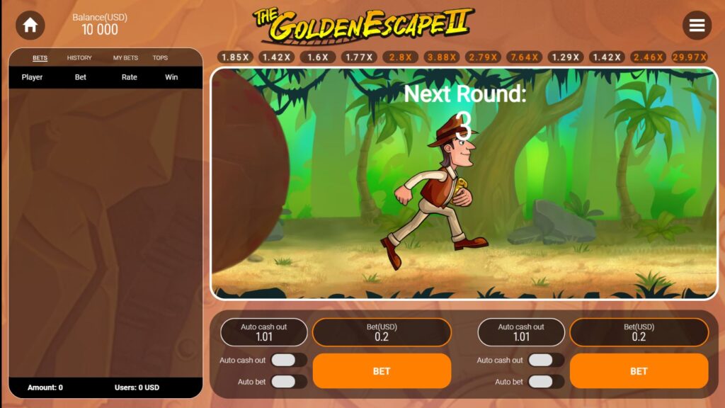 The Golden Escape 2 crash game interface with dual bet panels and game history