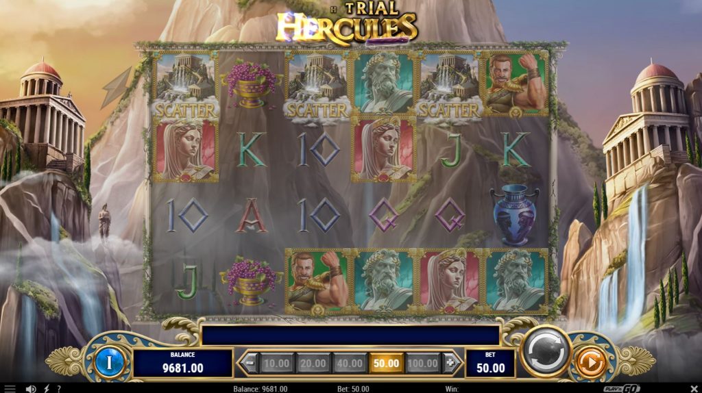 Triggering the Hera's Wrath bonus round with three or more Temple Scatter symbols in the 13th Trial Hercules Abyssways slot.
