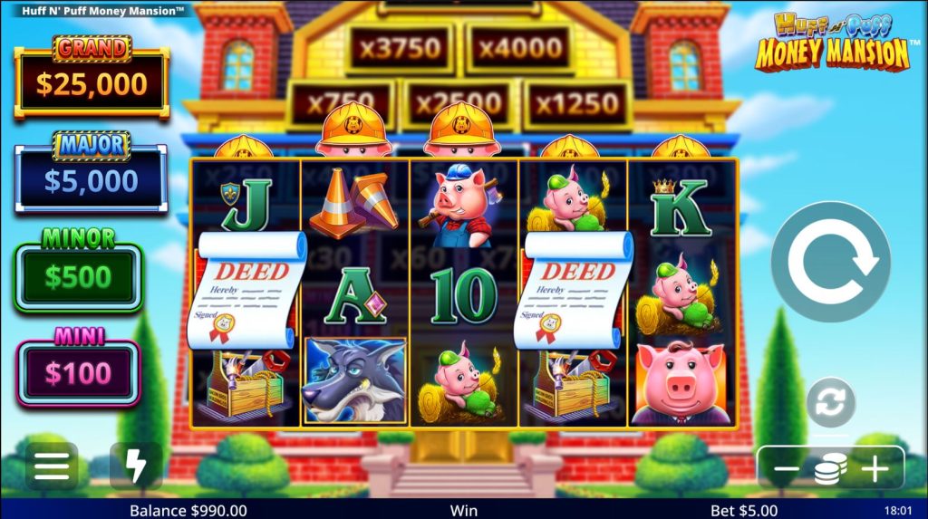 The base game grid of Huff N' Puff Money Mansion slot, showing the pig symbols and the mansion backdrop.