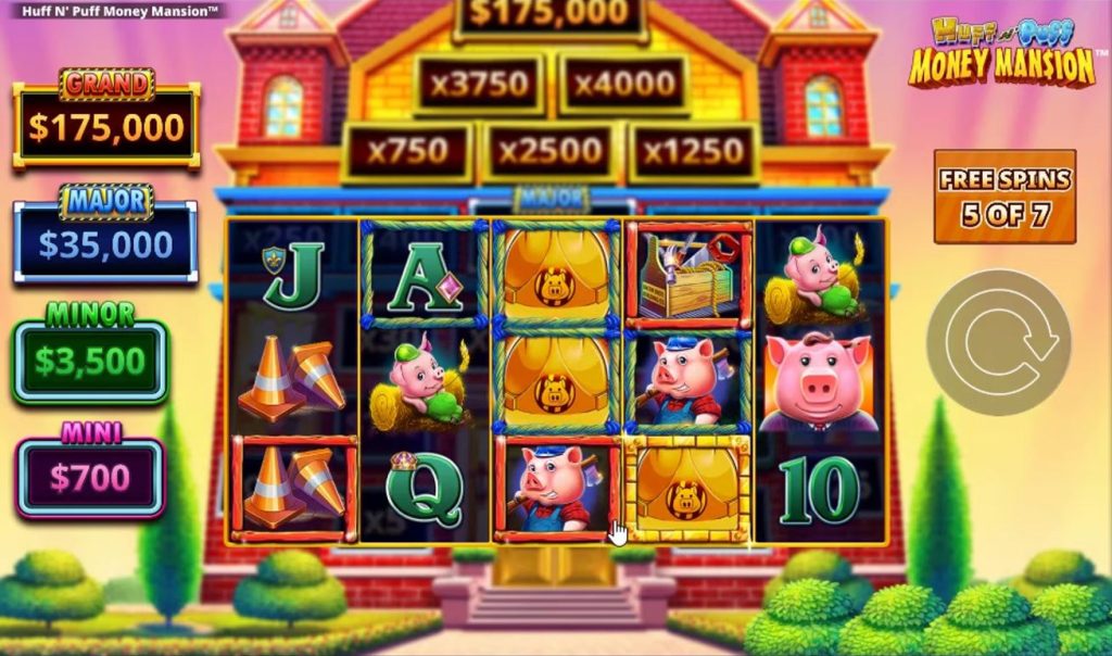 The frame collection mechanic during Free Spins, with straw, stick, and brick frames on the reels.