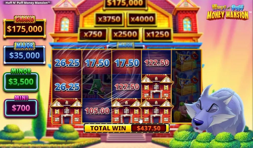 The Big Bad Wolf reveals cash prizes from the completed houses at the end of the Free Spins feature.