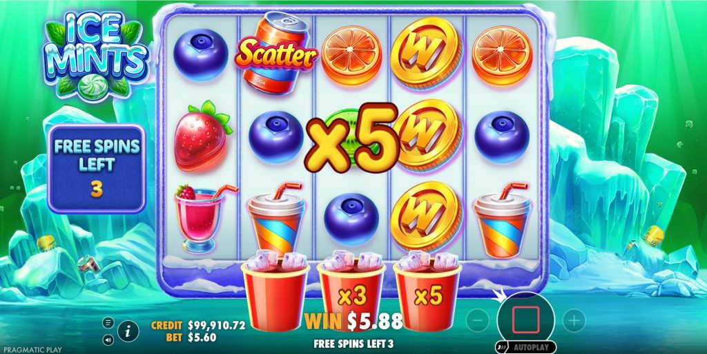 Multipliers accumulating in the cups during the Ice Mints Free Spins bonus round.