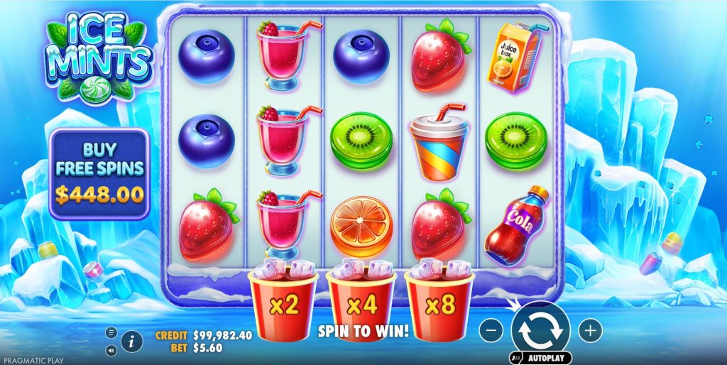 The base game layout of the Ice Mints slot, showing the 5x3 reel grid and the multiplier cups below.