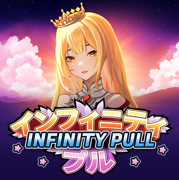 Infinity Pull slot logo featuring anime princess with golden crown against purple sunset sky
